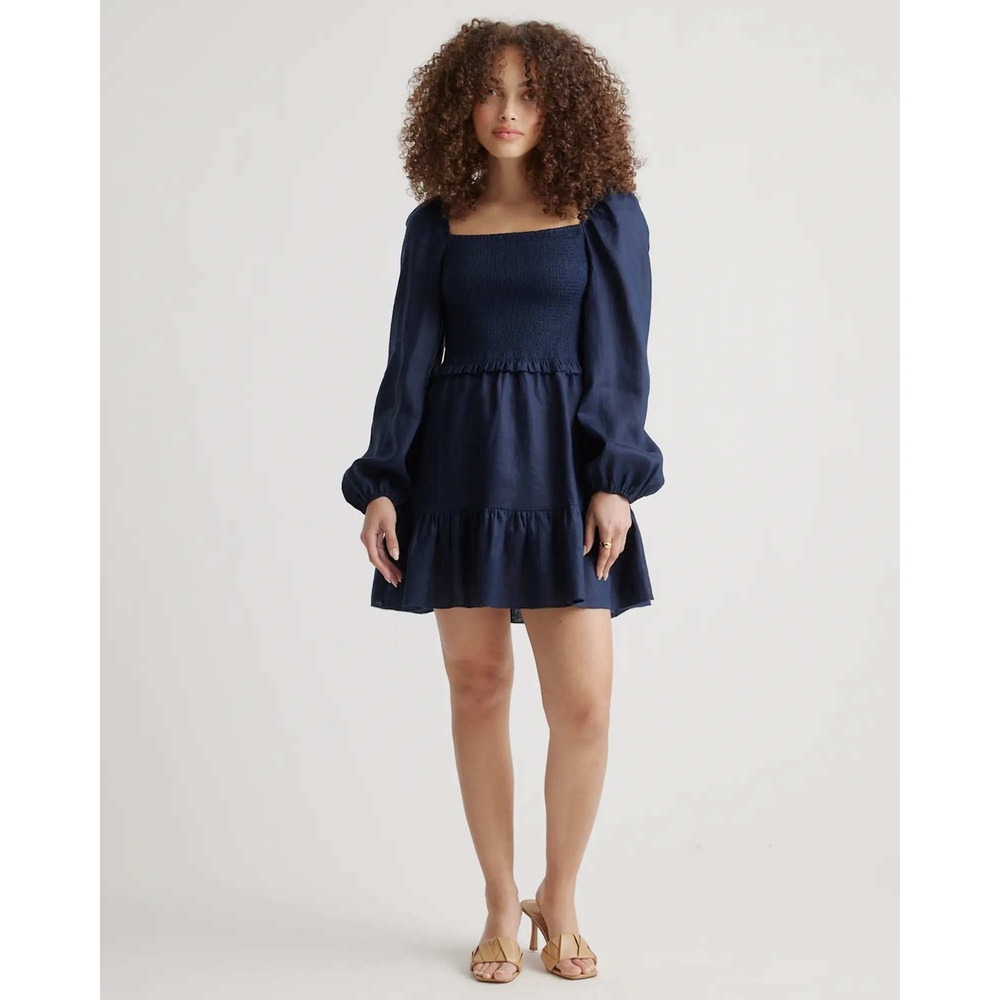 Quince 100% European Linen Smocked Mini Dress Deep Navy Puff Sleeve Size M